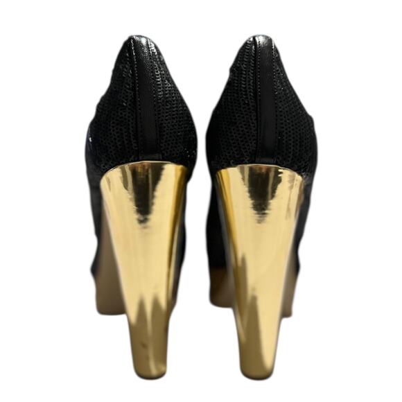 Guess UREEKALY Black Sequins Gold Heel Leopard Platform Heels Size 6.5 M - Picture 4 of 11